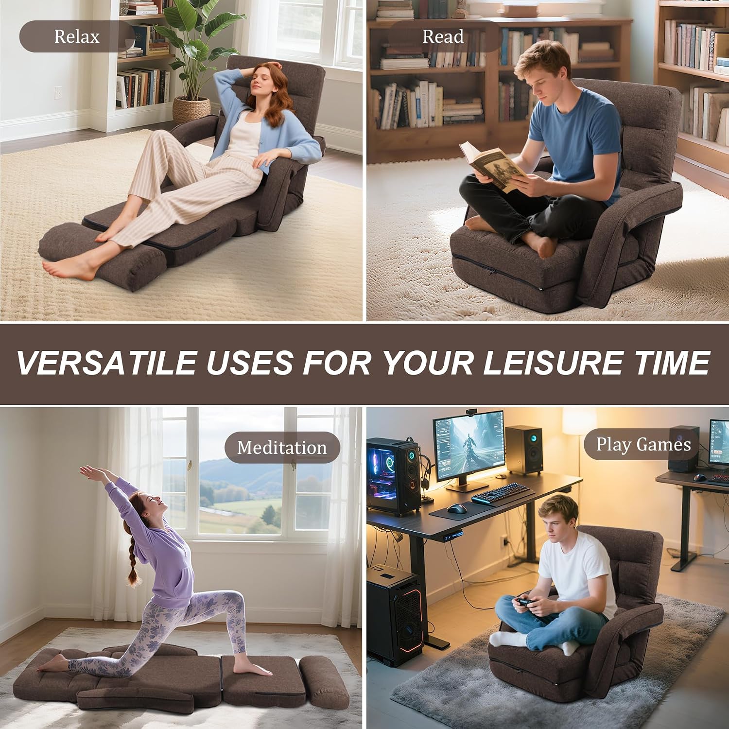 Adjustable Floor Chair for Adults with Back Support,5-Position Folding Lazy Sofa with Pillow, Gaming & Meditation Chair with Breathable Fabric - for Living Room, Bedroom, Office,Balcony (Brown)