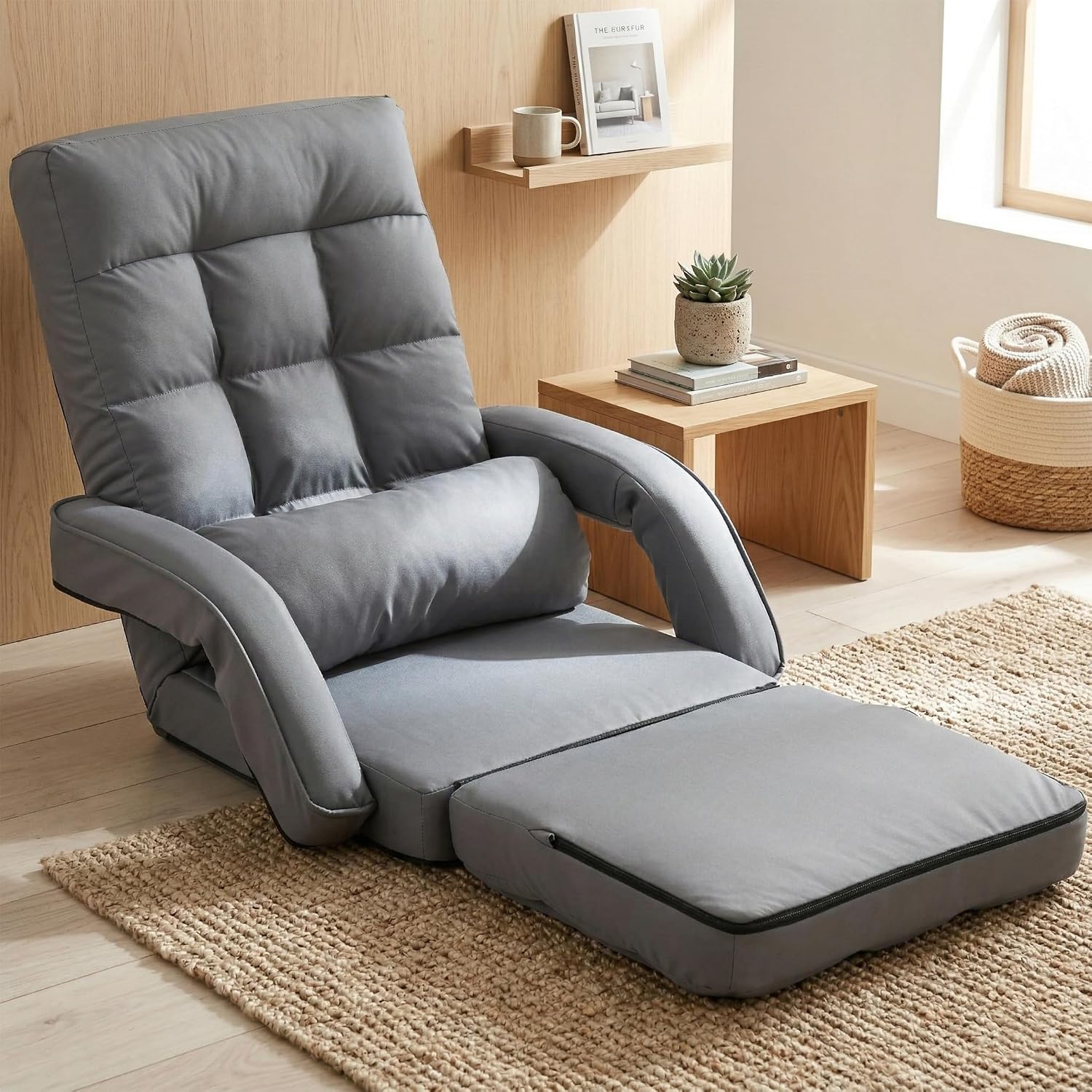 Floor Chair, Floor Gaming Chair with 14 Adjustable Position&Back Support, Folding Lounge Chair with Armrest for Adults, Lazy Sofa Lounger with Comfy Cushion for Living Room,Bedroom,PU,Grey