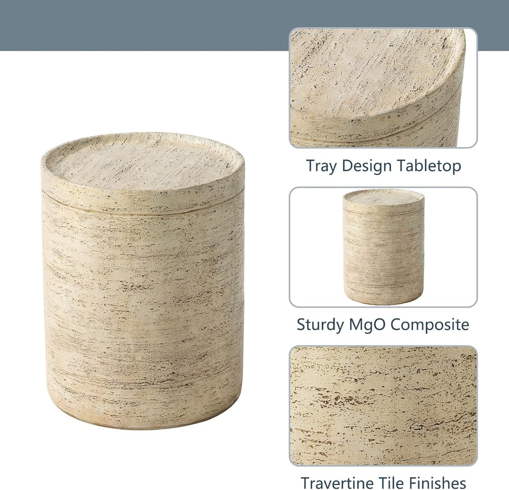 COSIEST 2 Pieces Outdoor Side Table, Set of 2 Cylinder Shaped MgO Patio End Table, Lightweight Accent Table with Tray Top, Round Plant Stand for Garden and Deck, Beige