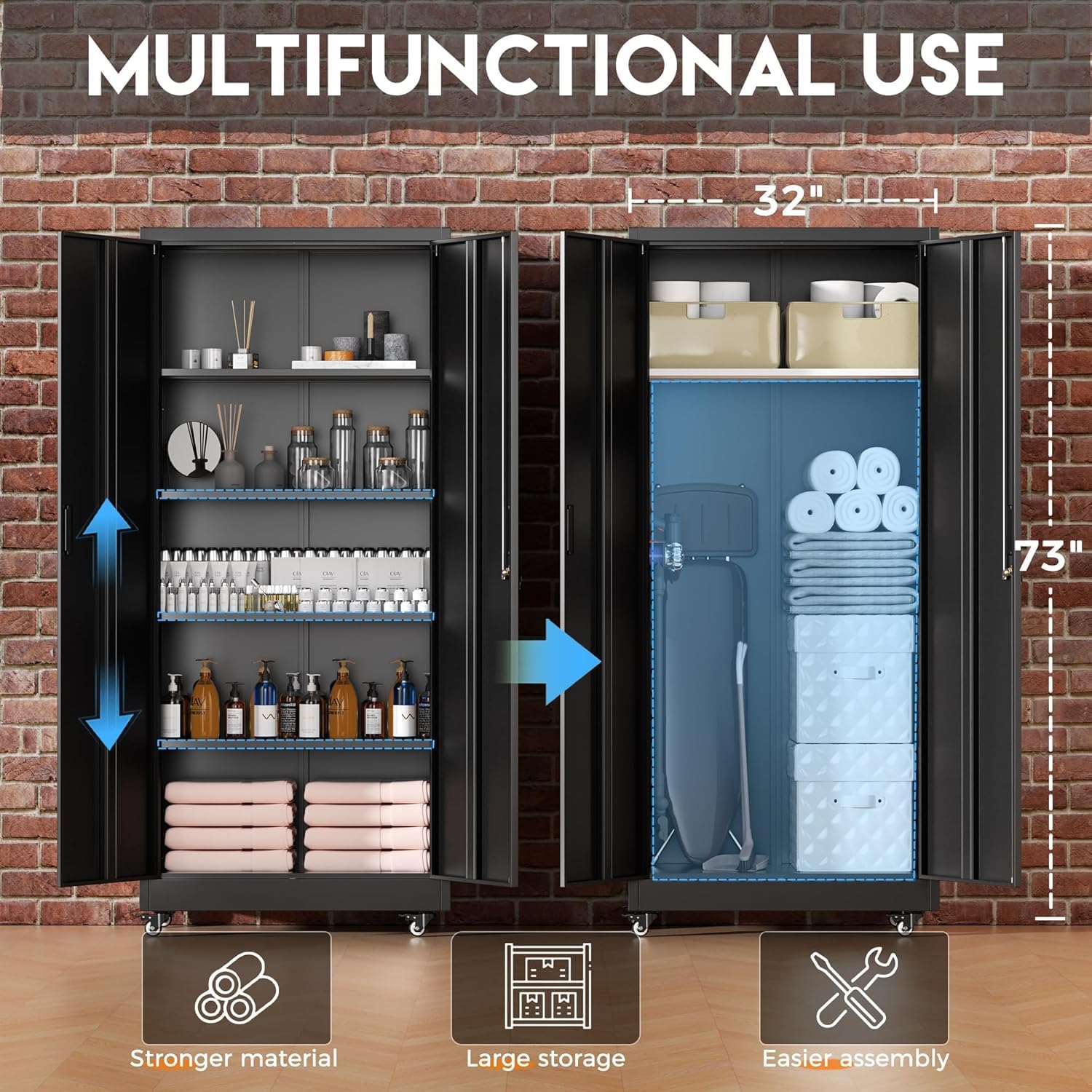 Greenvelly 73' Metal Storage Cabinet with Wheels, Black Garage Storage Cabinet with 4 Adjustable Shelves and Locking Doors, Garage Rolling Storage Cabinet for Warehouse, Garage, Home Office, School