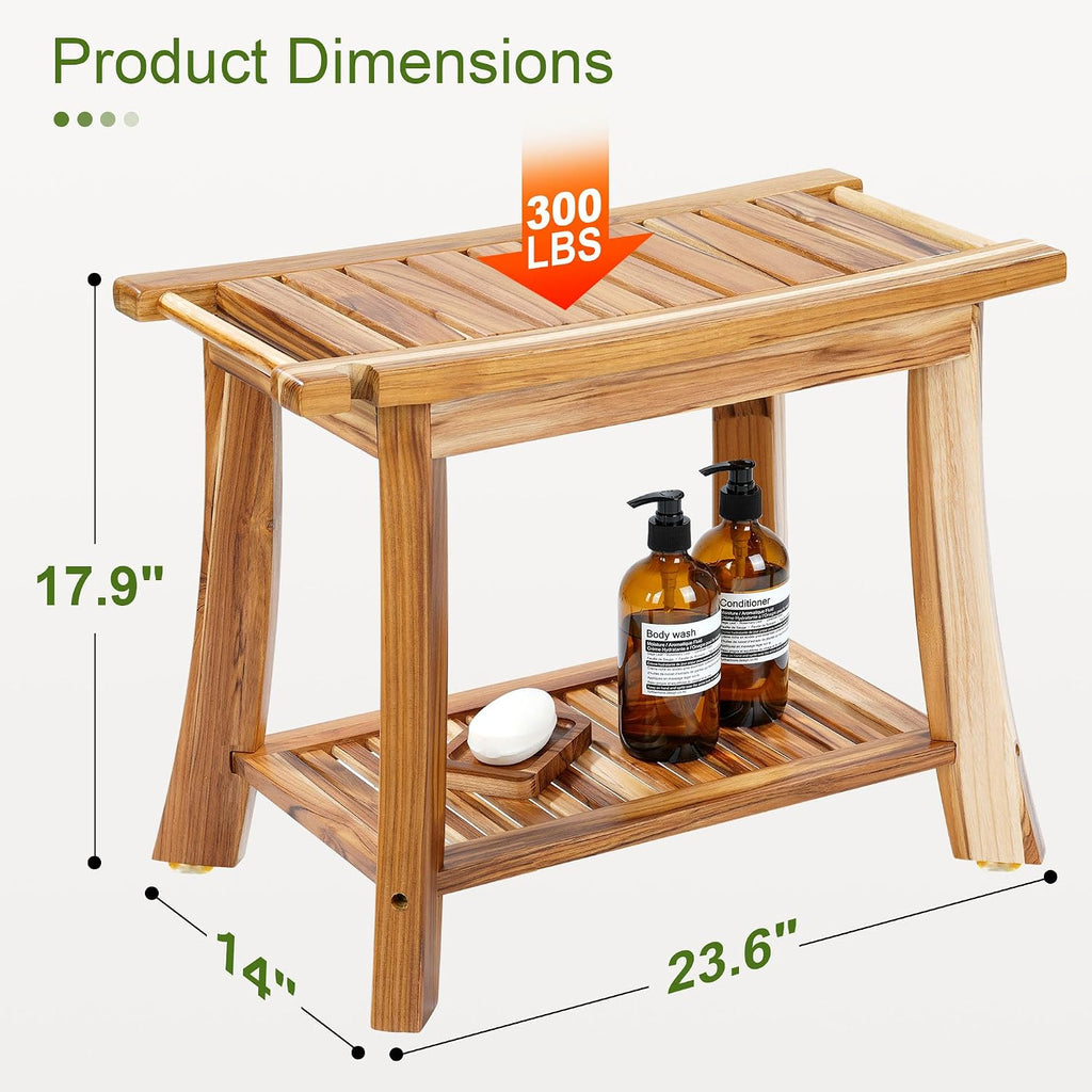 24' Solid Teak Shower Bench with Towel Bar & Storage Shelf - Waterproof Bath Stool with Fixed Non-Slip Feet, 300lbs Capacity