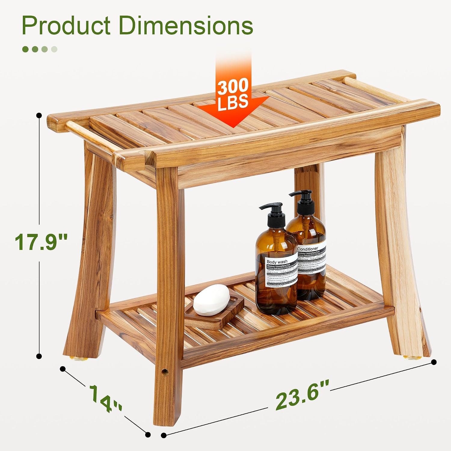 24' Solid Teak Shower Bench with Towel Bar & Storage Shelf - Waterproof Bath Stool with Fixed Non-Slip Feet, 300lbs Capacity