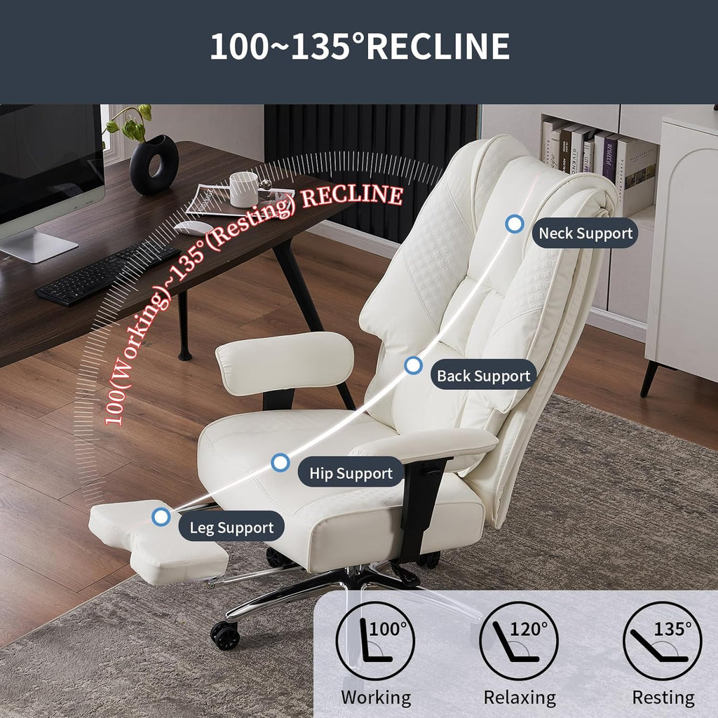 EXCEBET Big and Tall Office Chair 400lbs Wide Seat, Leather High Back Executive Office Chairs with Foot Rest, Ergonomic Lumbar Support for Lower Back Pain Relief (White)