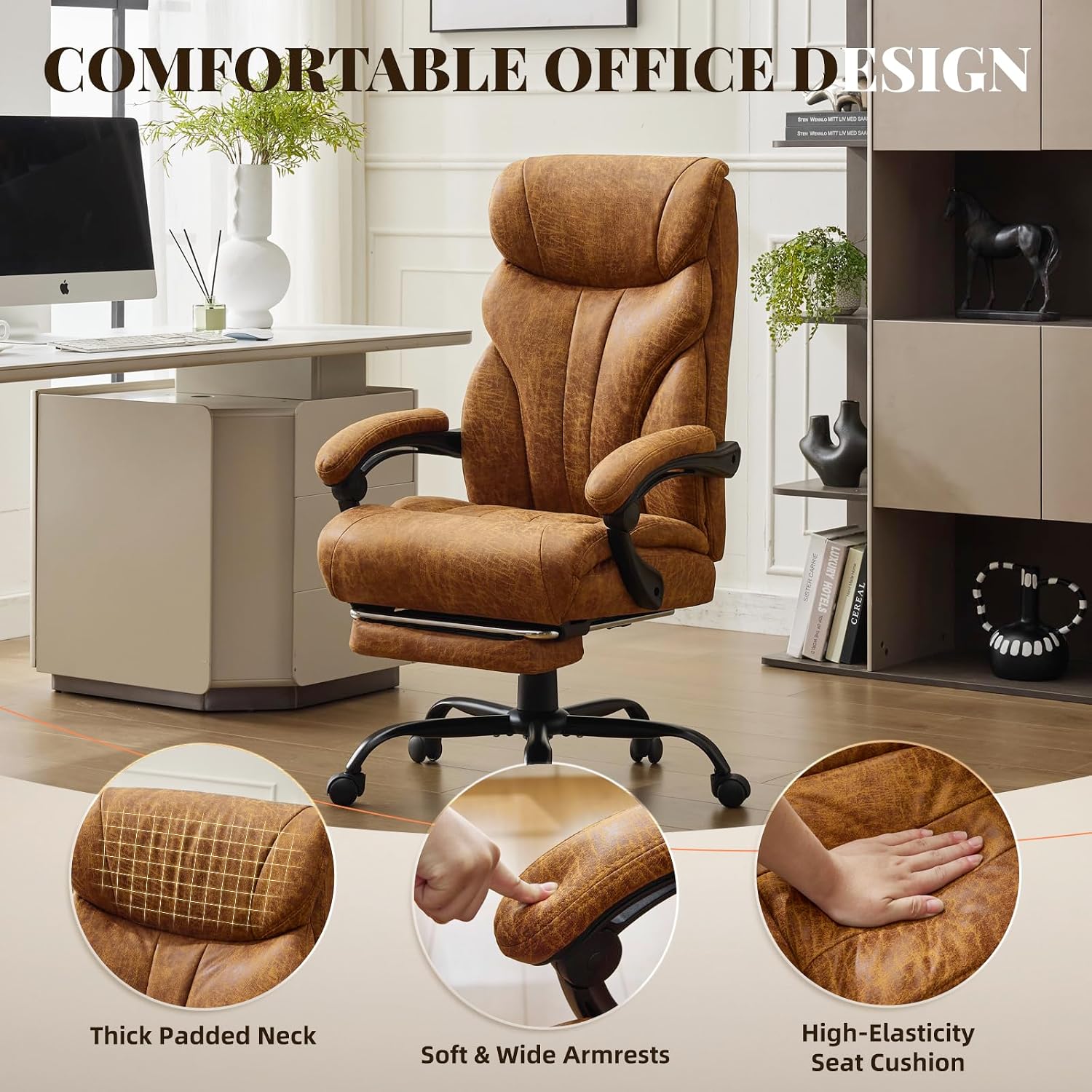 Big and Tall Office Chairs with Foot Rest,500LBS Wide Ergonomic Gaming Chair,100-135°Recline Executive Leather Computer Chairs with Adjustable Height,Brown