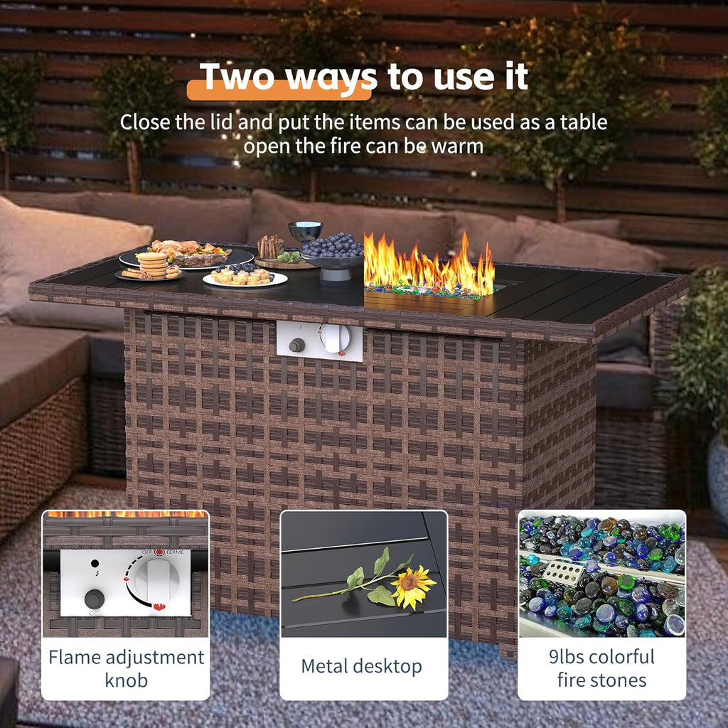 UDPATIO Patio Furniture Set with Fire Pit Table, 5 Piece Outdoor Sectional Sofas, All-Weather Wicker Conversation for Garden, Backyard, Khaki