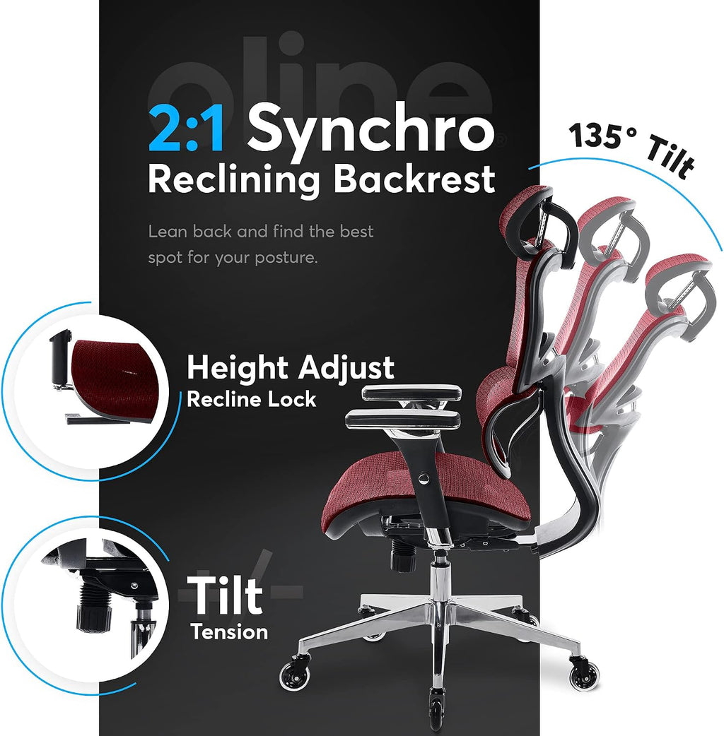 Oline ErgoPro Ergonomic Office Chair with 4D Adjustable Armrest, 3D Lumbar Support and Blade Wheels - Mesh Computer Gaming Rolling Desk Executive Swivel Home Chair (Burgundy Red)