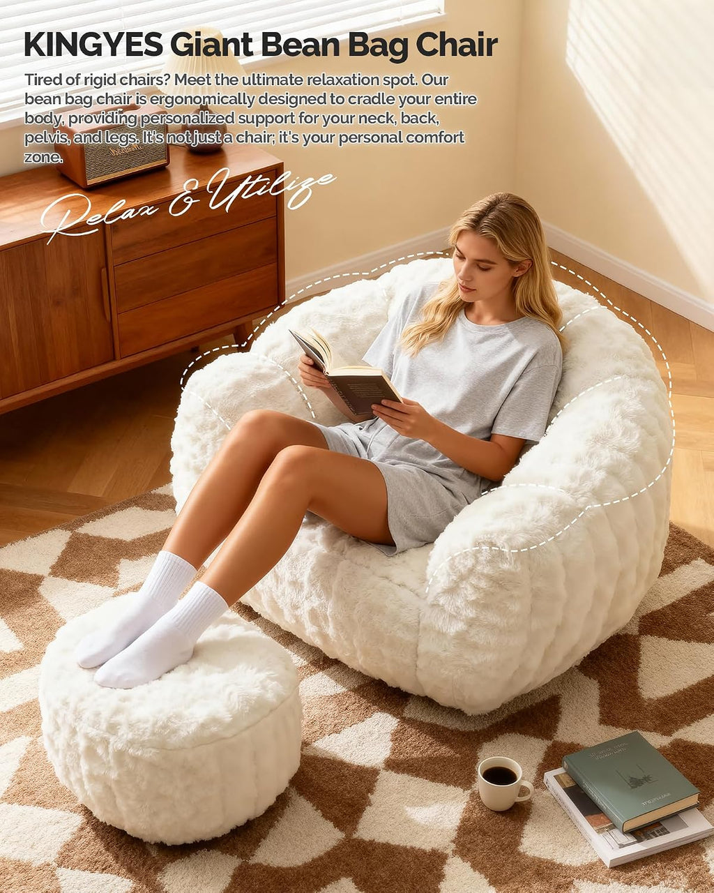 KINGYES Giant Bean Bag Chair with Ottoman, 3 in 1 Bean Bag Couch with Memory Foam Filler,Gaming Chair for Adults, Bean Bag for Kids & Teen, Beige