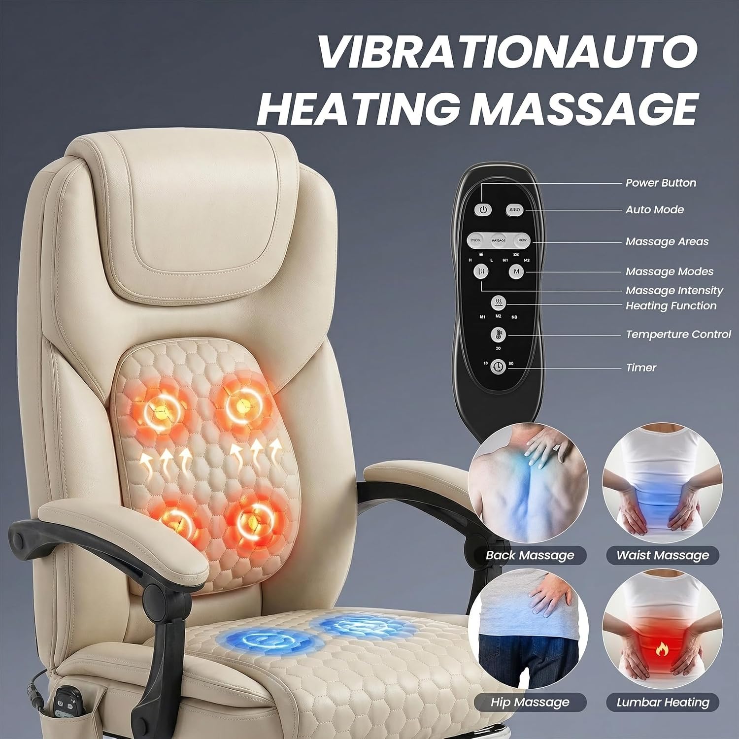 MALOL Massage Office Chair Set of 2 with Heat and Footrest - 3-Level 65°C Targeted Heating, 20-Min Assembly Leather Desk Chair, Big and Tall Executive Computer Chair with Side Pocket, 300 lbs, Beige