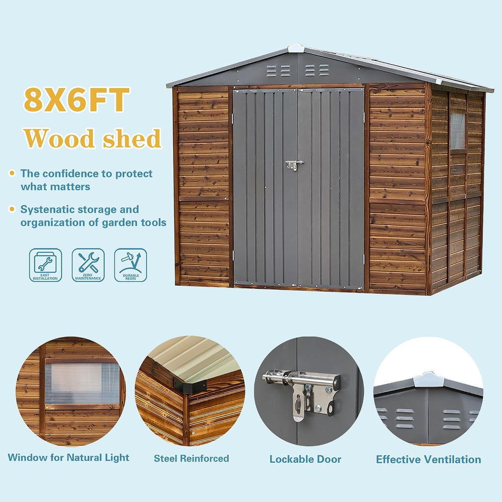 8x6 Ft Outdoor Storage Shed with Windows, Wood & Metal Tool Shed Waterproof Storage House for Outside Patio, Garden and Backyard, 4 Vents (Without Floor) Wood Color