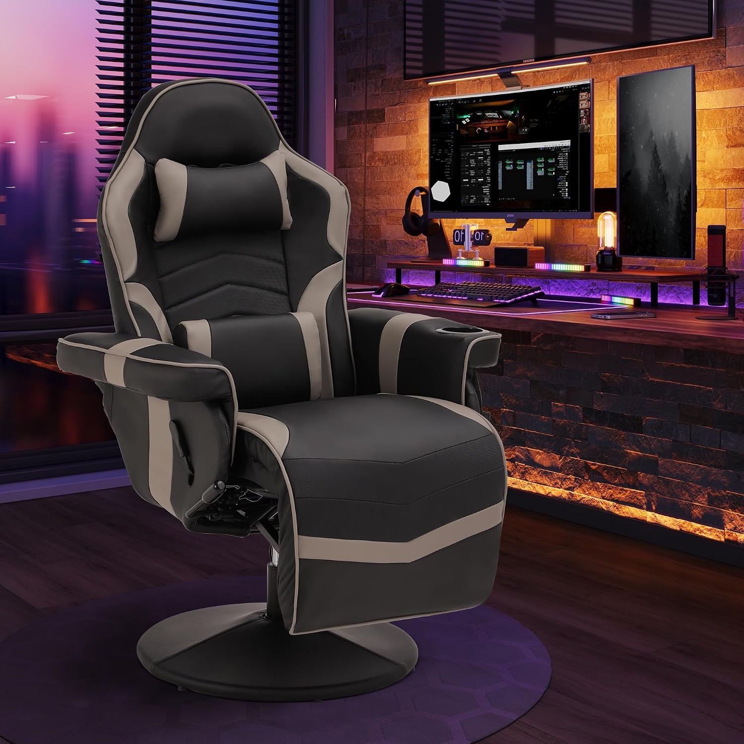 Massage Gaming Recliner Chair with Cup Holder & Side Pockets – Ergonomic PU Leather Video Gaming Chair with Footrest, Manual Recline, Headrest & Lumbar Support for Office or Game Room (Grey)