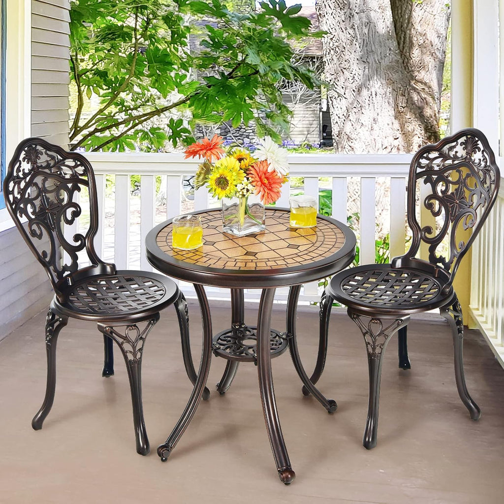 HAPPYGRILL 3-Piece Patio Bistro Set, All-Weather Cast Aluminum Table and Chairs, Outdoor Patio Table and Chairs Furniture for Porch Garden Poolside Backyard