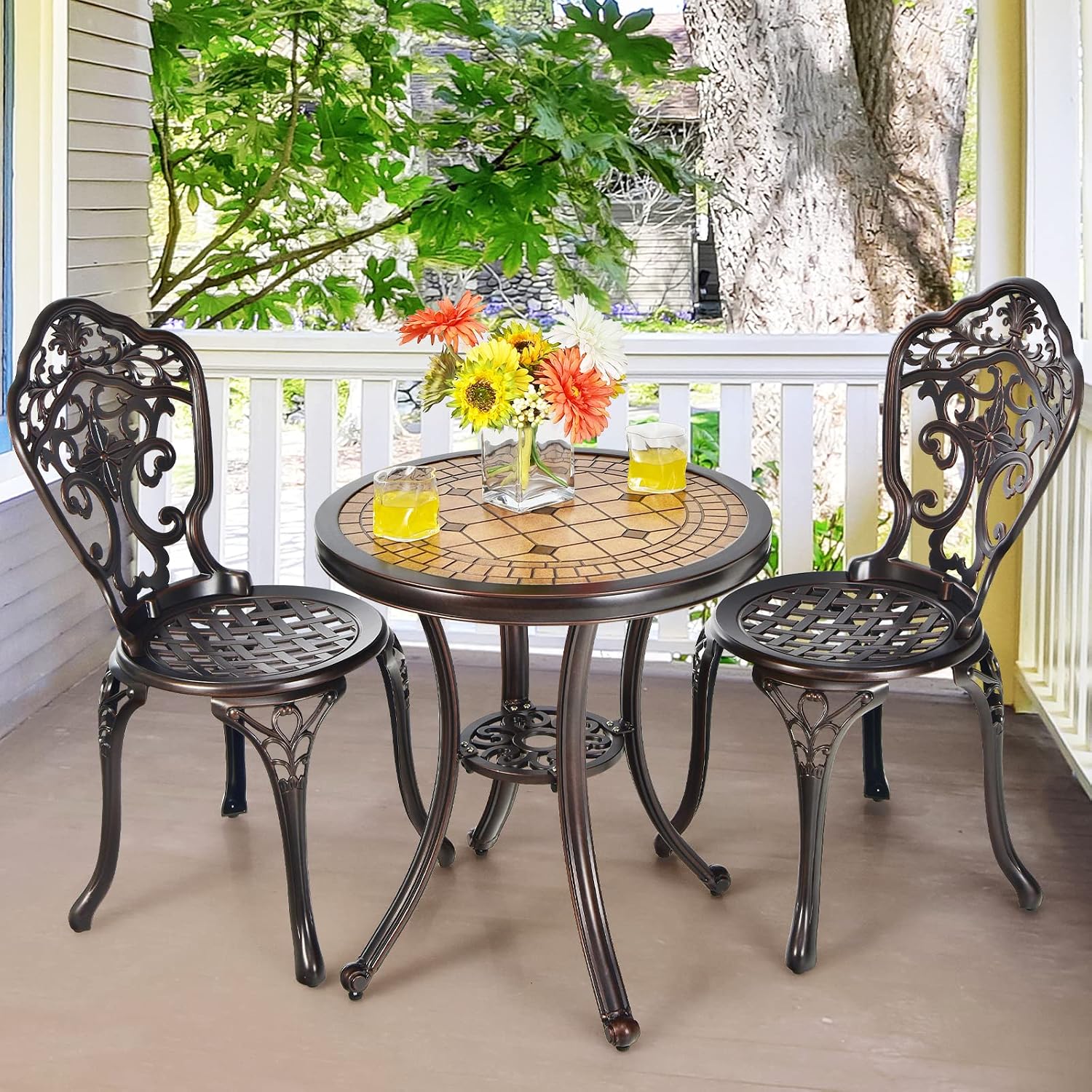 HAPPYGRILL 3-Piece Patio Bistro Set, All-Weather Cast Aluminum Table and Chairs, Outdoor Patio Table and Chairs Furniture for Porch Garden Poolside Backyard