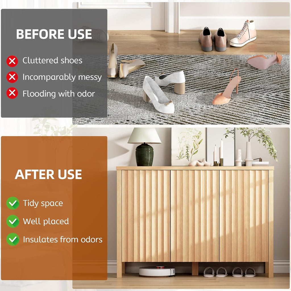 Vlsrka Shoe Cabinet with 3 Doors, Narrow Wooden Shoe Cabinet, Hidden Shoe Storage for Entryway, Foyer, Hallway (Brown D)