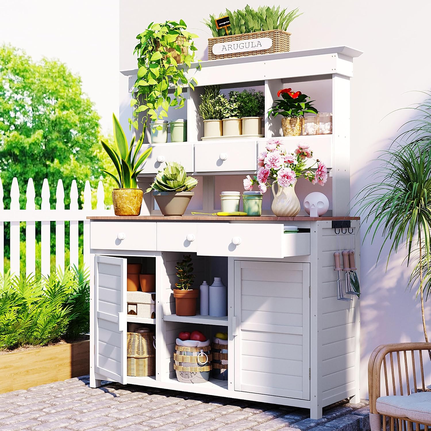 LUMISOL Outdoor Potting Bench Table with Hutch, Solid Fir Wood Patio Storage Workstation with 3 Shelves, 6 Drawers, 2 Bottom Cabinet and Side Hooks for Mudroom, Doorway, White