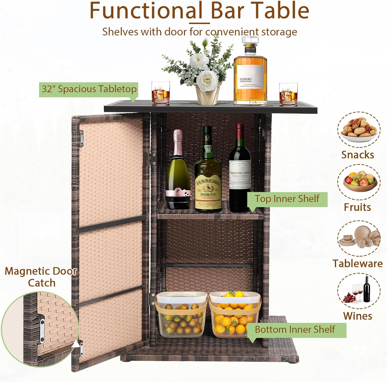 Tangkula 5 Piece Outdoor Rattan Bar Set, Patio Bar Furniture with 4 Cushions Stools and Smooth Top Table with Hidden Storage Shelf, Outdoor Conversation Set for Poolside, Backyard, Lawn