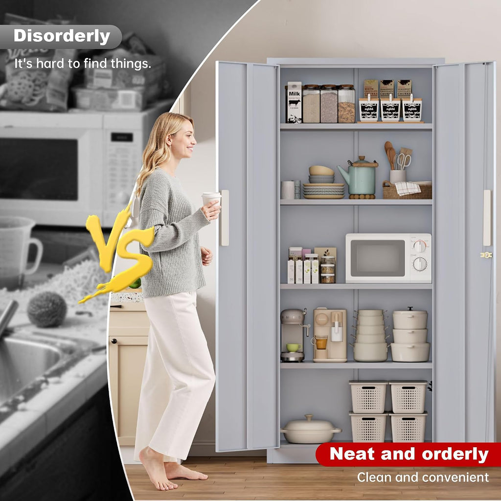 Superday 63' Lockable Steel Storage Cabinet, Locking Metal Storage Cabinets, Tall Grey Cabinet with 2 Doors and 4 Adjustable Shelves for Garage, Home Office, Classroom, Pantry, File