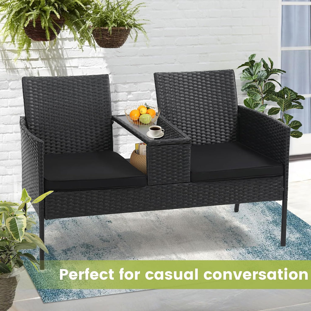 Kromax Wicker 2 Seat Patio Loveseat, Outdoor Rattan Loveseat with Table, Washable Cushion Covers, Backyard, Garden, Lawn, Black Rattan with Black Cushion
