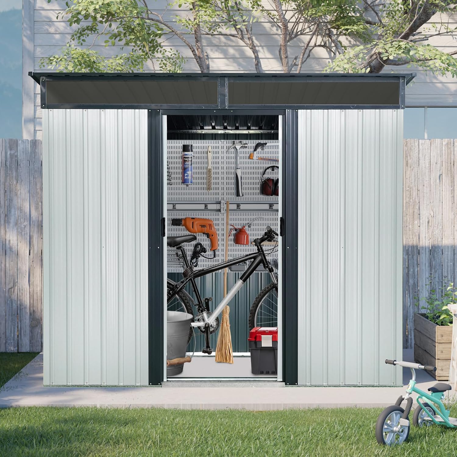 JT 8X6FT Outdoor Storage Shed, Galvanized Metal Garden Shed with Window and Metal Foundation, Tool Storage Shed for Patio Lawn Backyard (White-Black-with The window-8ftx6ft)
