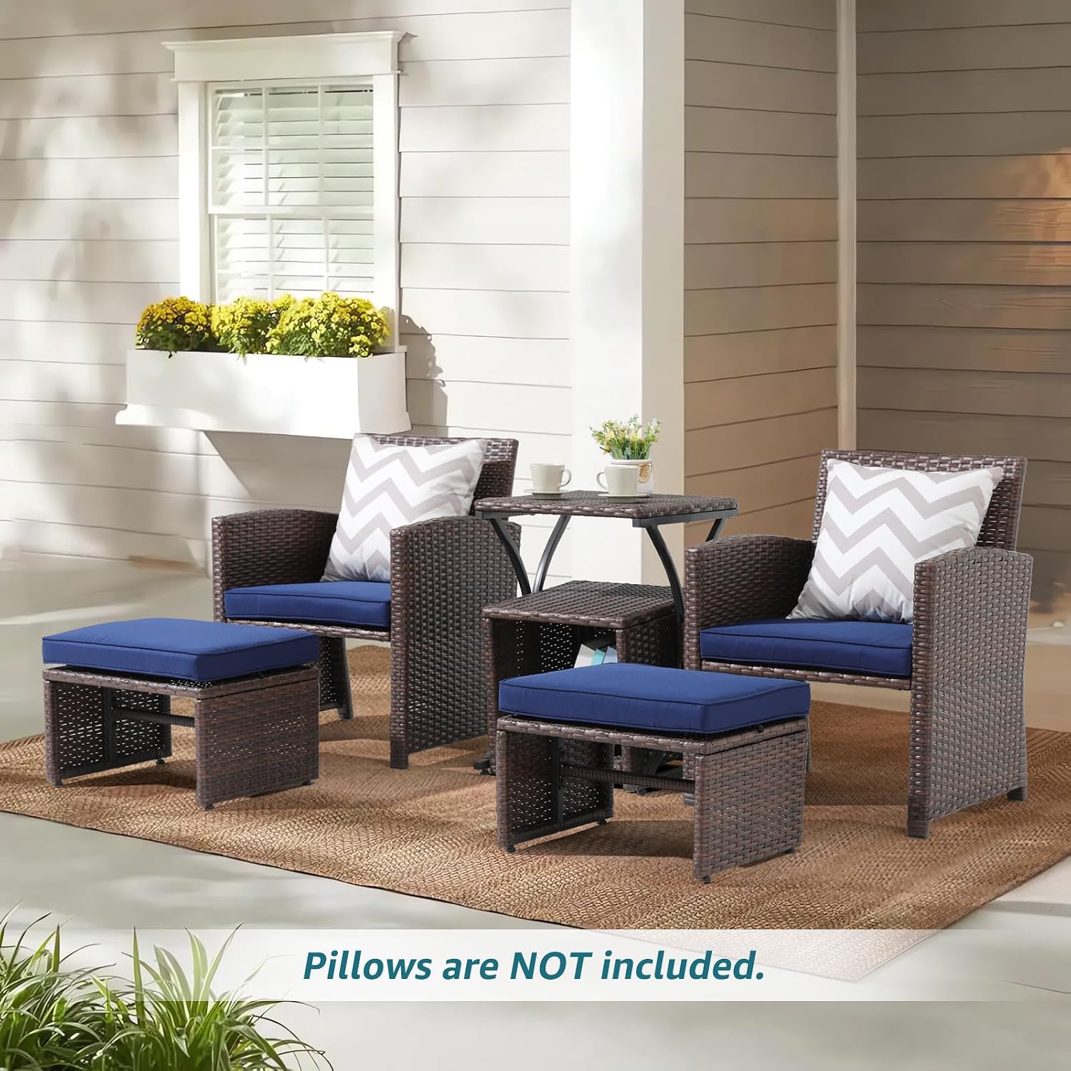 OC Orange-Casual 6 Piece Patio Wicker Furniture Set, Balcony All Weather Rattan Chair, with Space Saving Ottoman, Resin Nesting Coffee Table, Modern Design, Blue