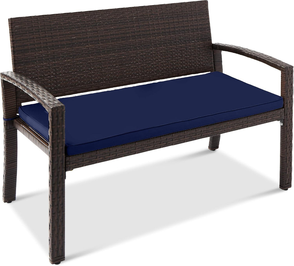 Best Choice Products Outdoor Bench 2-Person Wicker Garden Patio Benches Seating Furniture for Backyard, Porch w/Seat Cushion, 700lb Capacity - Navy/Brown