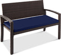 Best Choice Products Outdoor Bench 2-Person Wicker Garden Patio Benches Seating Furniture for Backyard, Porch w/Seat Cushion, 700lb Capacity - Navy/Brown