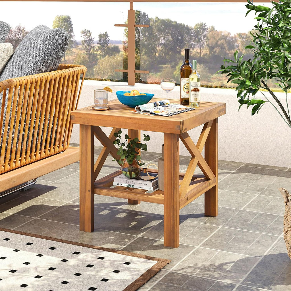 Tangkula Outdoor Side Table, 2-Tier Acacia Wood Adirondack Bistro Small Square Patio Table with Slatted Tabletop & Storage Shelf, for Yard, Deck, Garden, Poolside (2)
