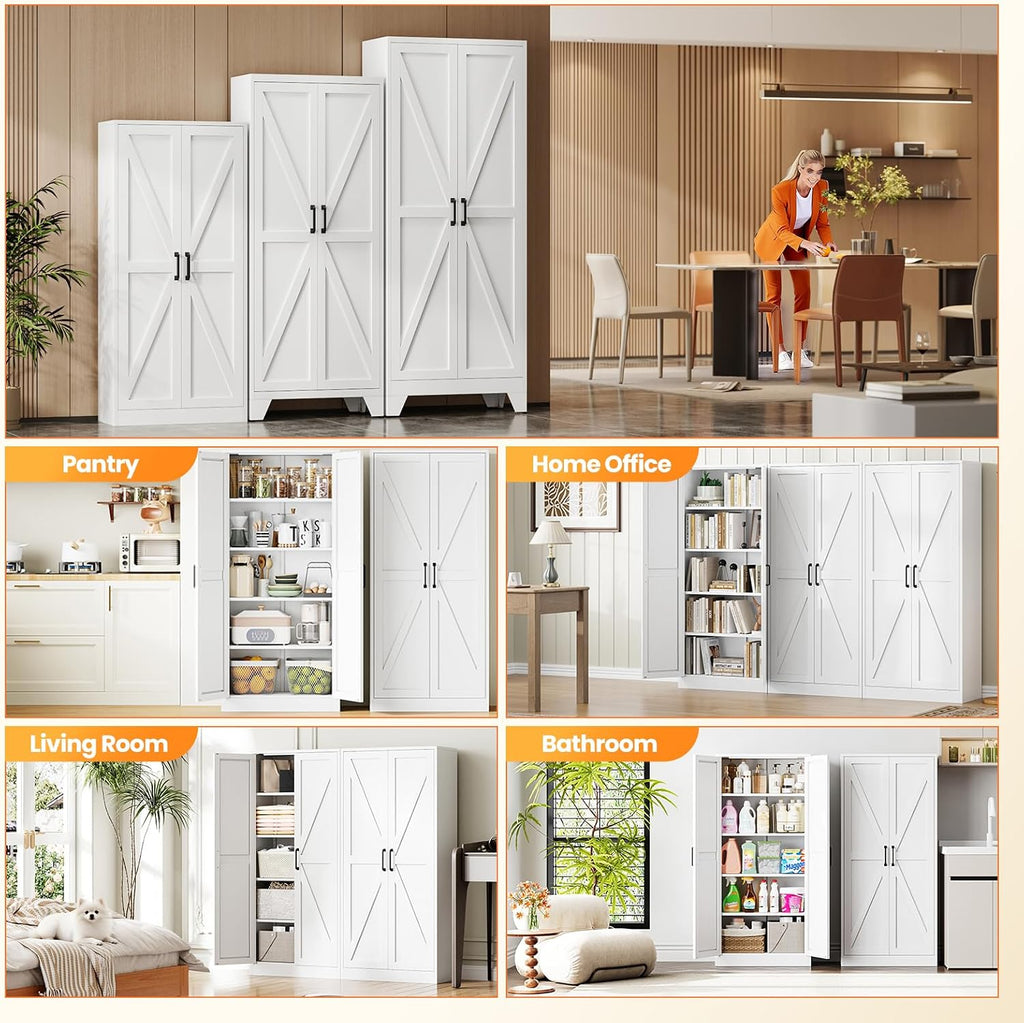 Metal White Storage Cabinet with 2 Doors and 4 Adjustable Shelve, 61' Tall Kitchen Pantry cabinets, Farmhouse Food Pantry Cabinet,5 Tier Freestanding Barn Door Cupboard for Kitchen Dining/Living Room