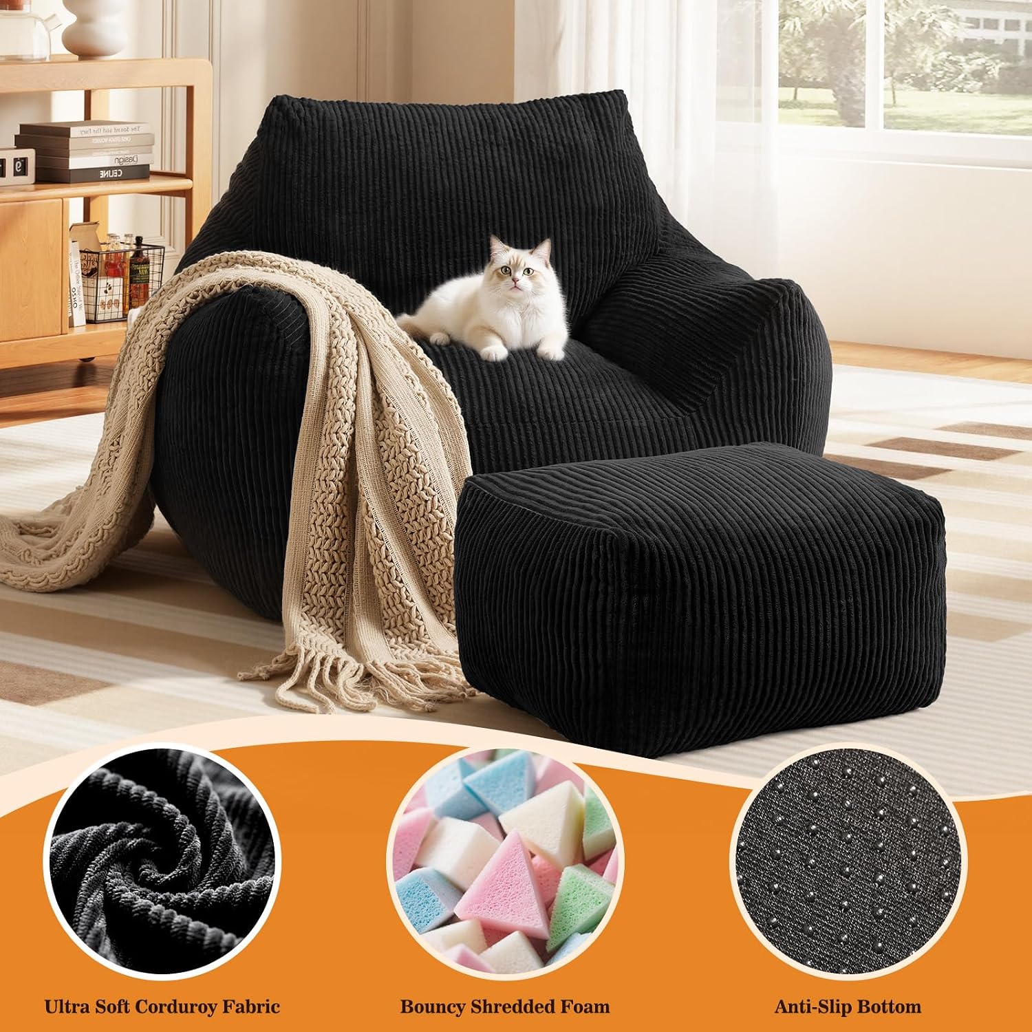 Big Bean Bag Chair for Adults, Ultra Soft Living Room Bean Bag with Armrests & Ottoman, Stuffed BeanBag Chair for Napping, Gaming, Vacuum-Compressed for Easy Gifting, 48h to Expand, Black