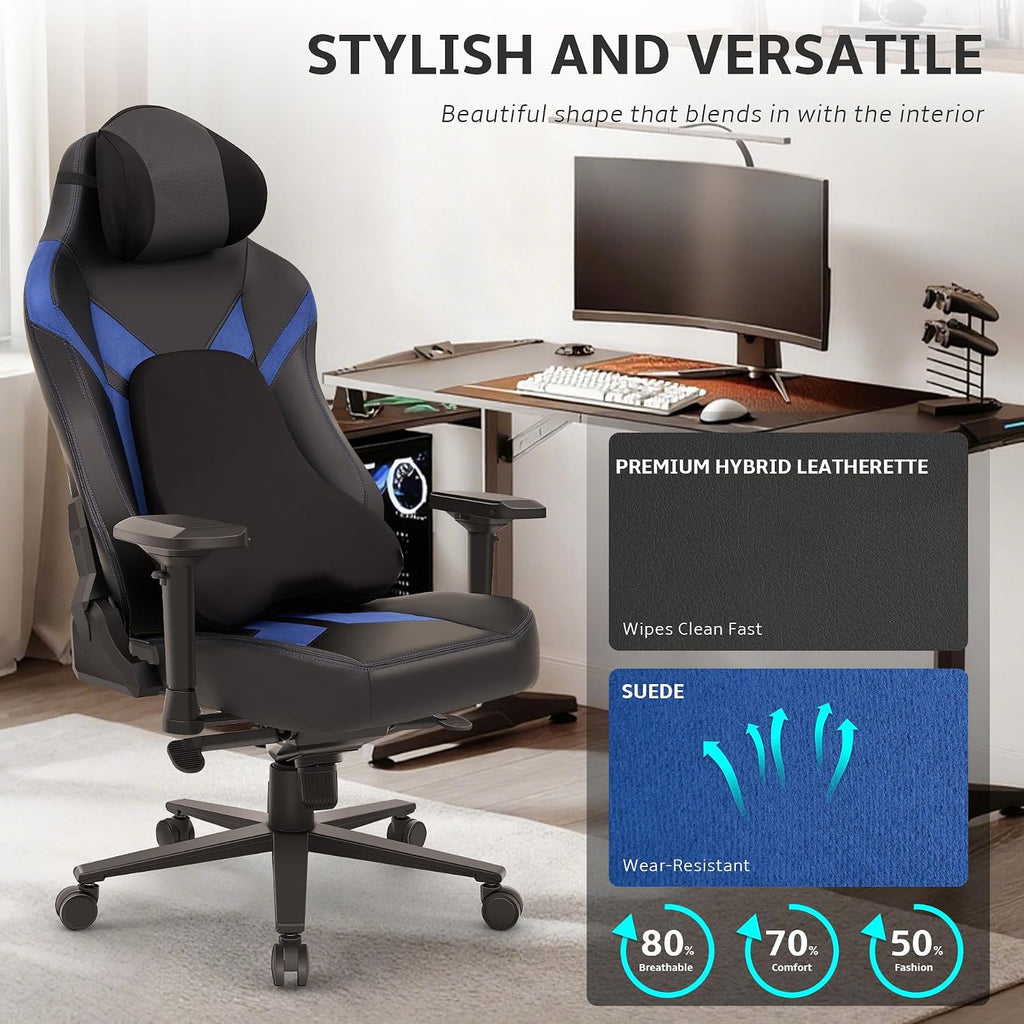 Ergonomic Gaming Chair, Computer Desk Chairs, 4D Armrests, High Back Office Chair with Headrest & Lumbar Pillow, Tilt Rocker Recliner, Heavy-Duty Base, Black PU Leather & Blue Suede Combo