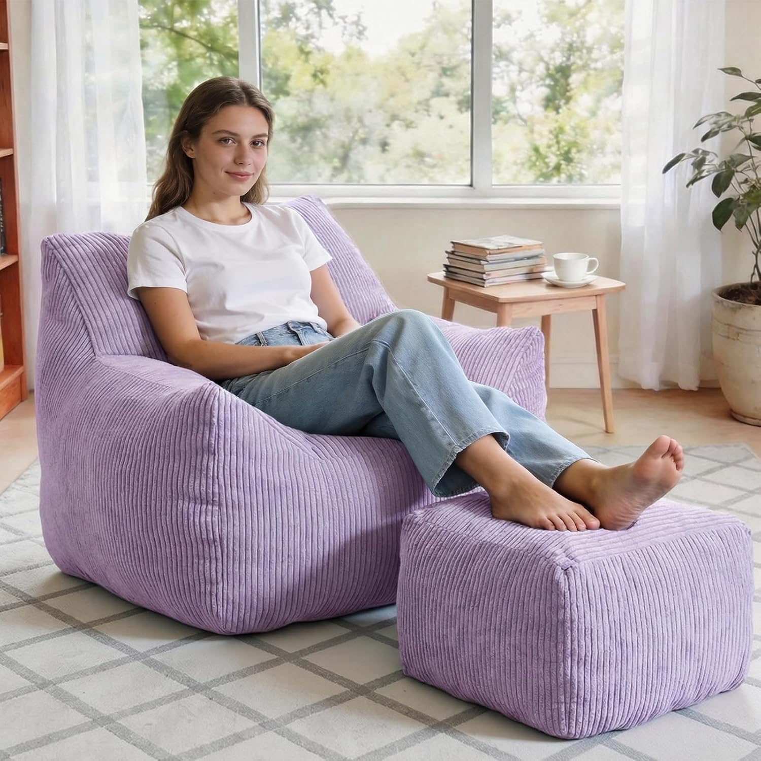 Bean Bag Chair with Ottoman, Oversized Cloud Boneless Couch, Memory Foam Beanbag Set for Adults & Teens, Plush Corduroy Comfy Chair for Bedroom, Dorm, Living Room, Gaming & Reading Nook (Purple)