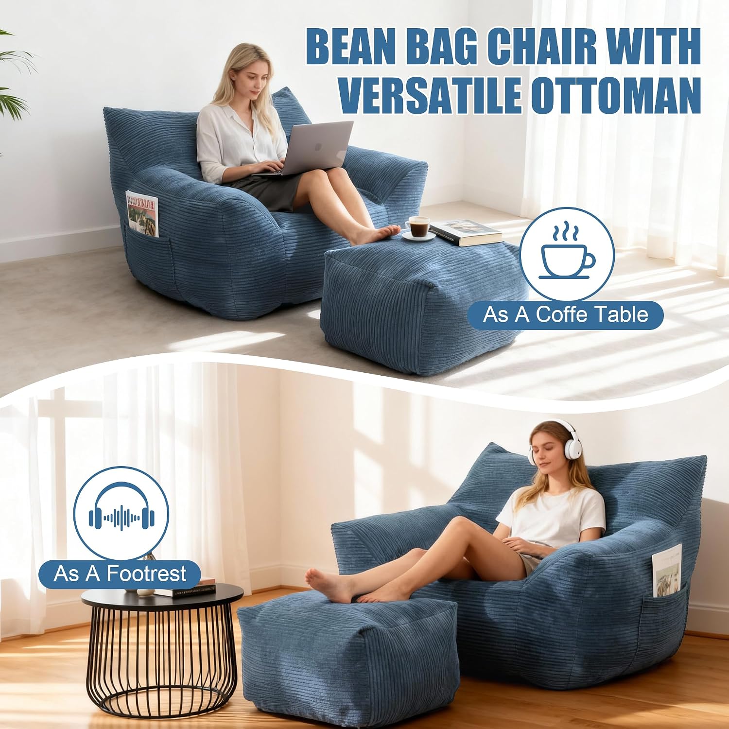 Giant Bean Bag Chair with Ottoman, Comfy Bean Bag Couch with 2 Side Pocket, Corduroy Boneless Couch Chair in a Box, Stuffed Lounge Floor Sofa for Dorm, Bedroom, Living Room, Blue