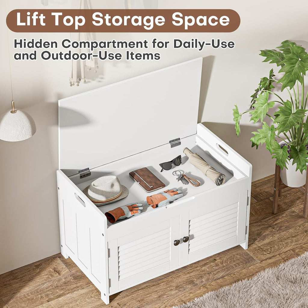 WARMHONIU Shoe Storage Bench with Lift Top Storage, Entryway Bench with Cushioned Seat, Adjustable Shelf, 2 Tier Shoe Rack with Doors for Entryway, Bedroom, Hallway, Mudroom, White