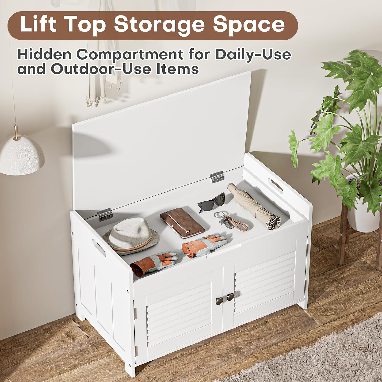 WARMHONIU Shoe Storage Bench with Lift Top Storage, Entryway Bench with Cushioned Seat, Adjustable Shelf, 2 Tier Shoe Rack with Doors for Entryway, Bedroom, Hallway, Mudroom, White