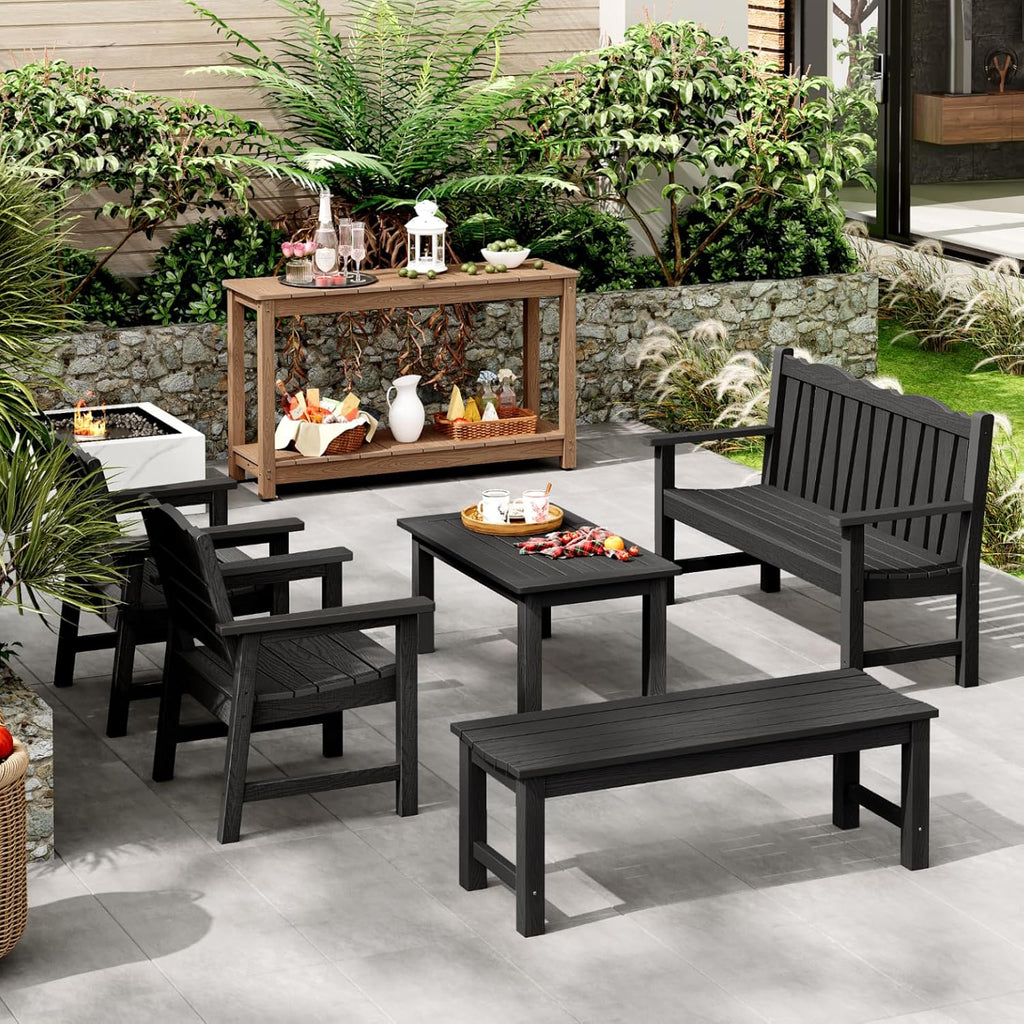 Outdoor Console Table, 48' Weather Resistant HIPS Patio Side Table, 440LBS Weight Capacity, 2-Tier Multifunctional Buffet Bar Storage Organizer for Garden Deck, Teak