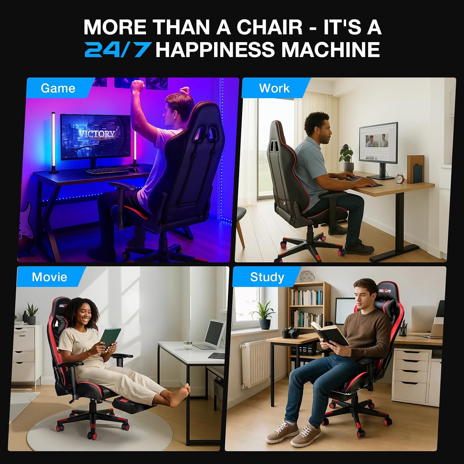 Douxlife 7-Point Massage Gaming Chair with Footrest, 400lbs Heavy Duty Ergonomic Computer Chair, 175° Reclining High Back Racing Seat for Adults with Adjustable Armrests & Lumbar Support, Red