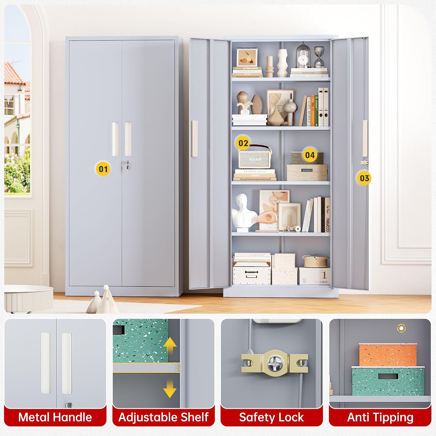 Superday 63' Lockable Steel Storage Cabinet, Locking Metal Storage Cabinets, Tall Grey Cabinet with 2 Doors and 4 Adjustable Shelves for Garage, Home Office, Classroom, Pantry, File