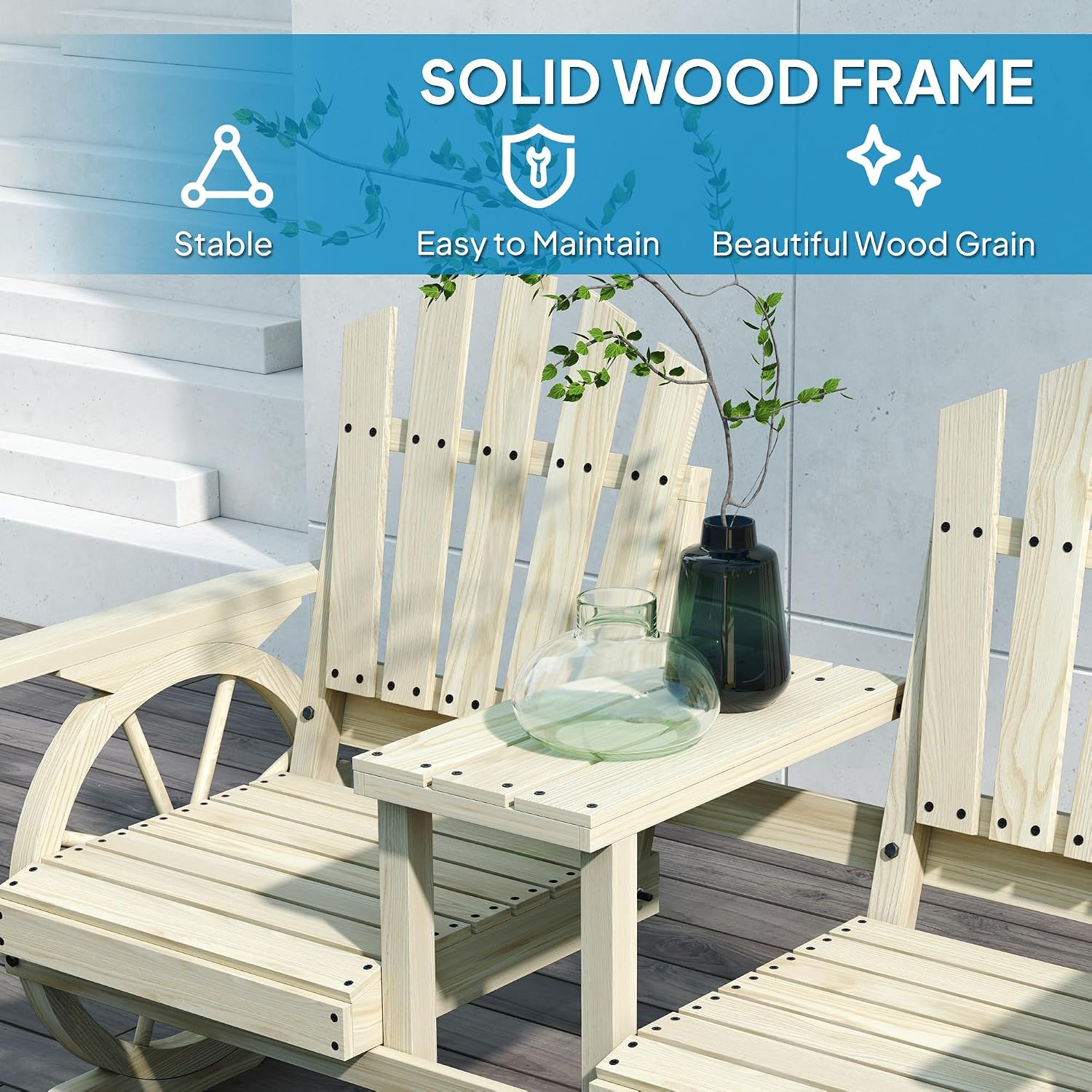 Outsunny Wooden Garden Bench with Table, Umbrella Hole, 2-Seater Wagon Wheel Outdoor Bench with Slatted Seat, High Backrest, Armrests for Backyard, Patio, Garden, Natural Wood