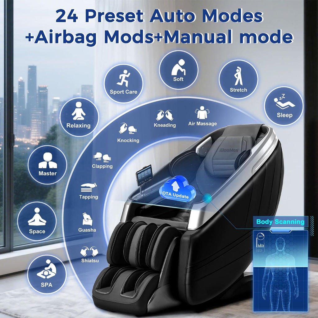 iBooMas P03 4D Massage Chair Full Body, Touchscreen & AI Voice, Zero Gravity SL-Track Recliner with APP OTA Auto-Evolving Modes, Fascia-Level Deep Tissue Shiatsu, No Assembly, Plug & Play (Black)