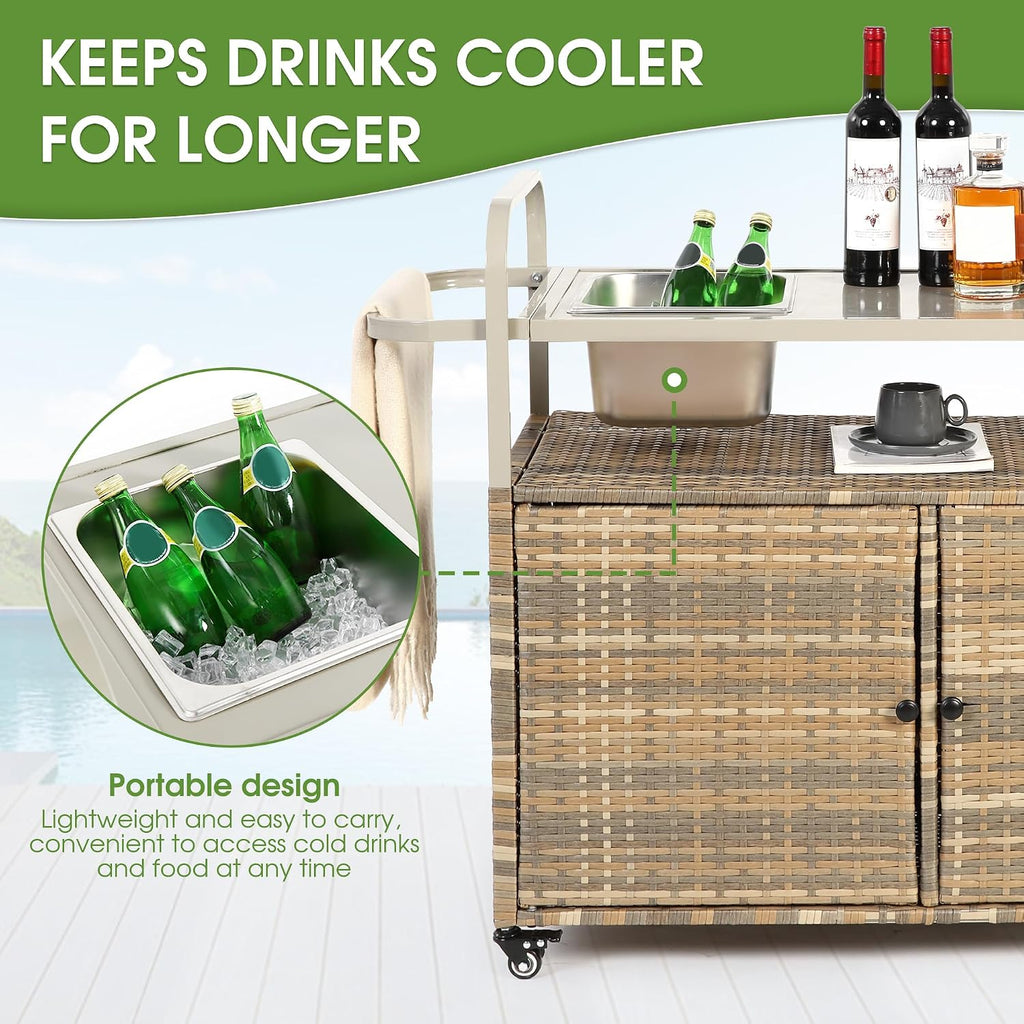 HOMEFUN Outdoor Kitchen Island Wicker Serving Console Cart & Grill Bar Table Waterproof with Wheels and Ice Bucket Backyard and BBQ Prep, Brown