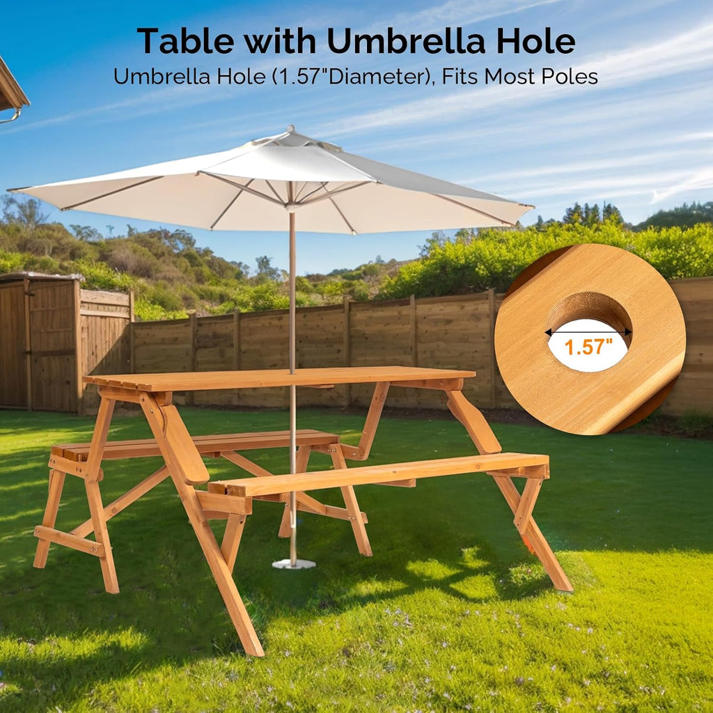 VINGLI 2-in-1 Outdoor Wooden Picnic Table and Bench Set with Umbrella Hole – Convertible Design for Garden, Patio, Porch, Deck – Natural Wood