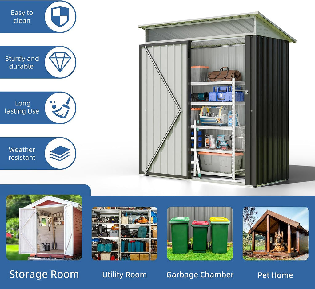 JYQAQA 5x3 FT Outdoor Garden Storage Shed, Waterproof Metal Garden Sheds with Window and Lockable Double Door, Weather Resistant Steel Tool Storage House Shed for Patio, Lawn Dark Gray
