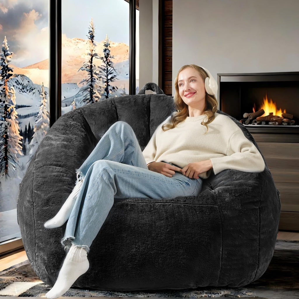 Giant Bean Bag Chair for Adults and Kids, Oversized BeanBag Couch Filler with Memory Foam, Faux Fur Shell-Shaped Boneless Chair for Reading, Stuffed Big Accent Sofa Living Room, Black
