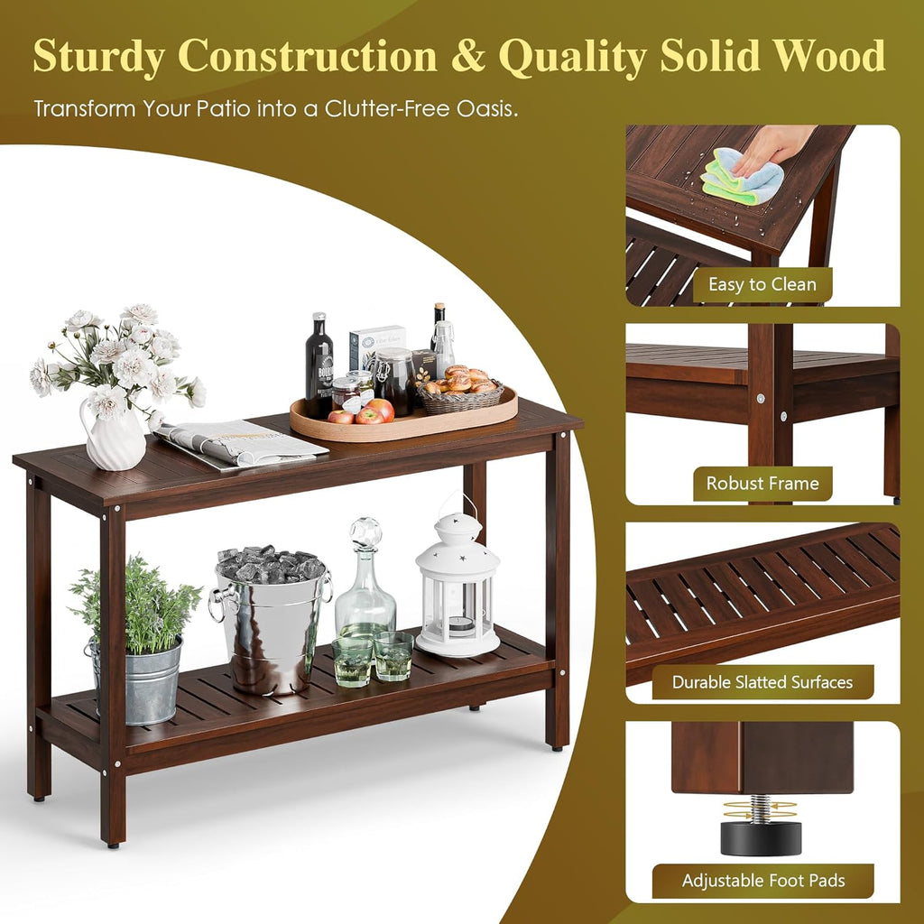 SUPER DEAL All-Weather Patio Bar Table Entry Console Table, 2-Shelf 48 inch Solid Wood Indoor Outdoor Multifunctional Buffet Storage Organizer with Adjustable Feet, Espresso