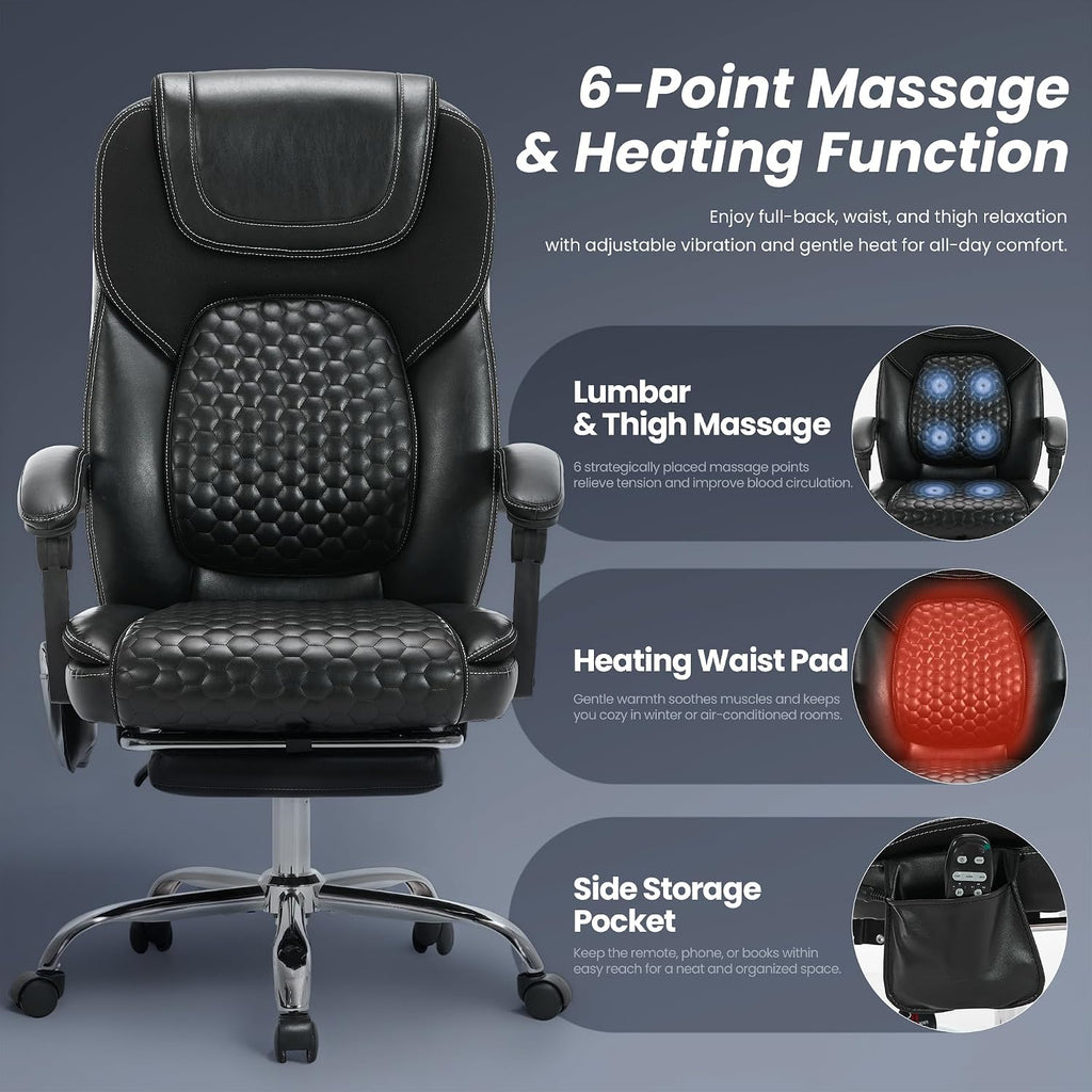 MALOL Massage Office Chair with Heat and Footrest - 3-Level 65°C Targeted Heating, 20-Min Assembly Leather Desk Chair, Big and Tall Executive Computer Chair with Side Pocket, 300 lbs, Black,Set of 2