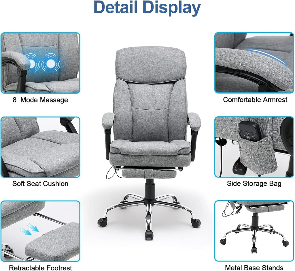HOMREST Reclining Office Chair with 4-Point Massage, Breathable Fabric Executive Chair with Retractable Footrest, Ergonomic Computer Chair with High Back, Reclining Gaming Chair for Home, Grey