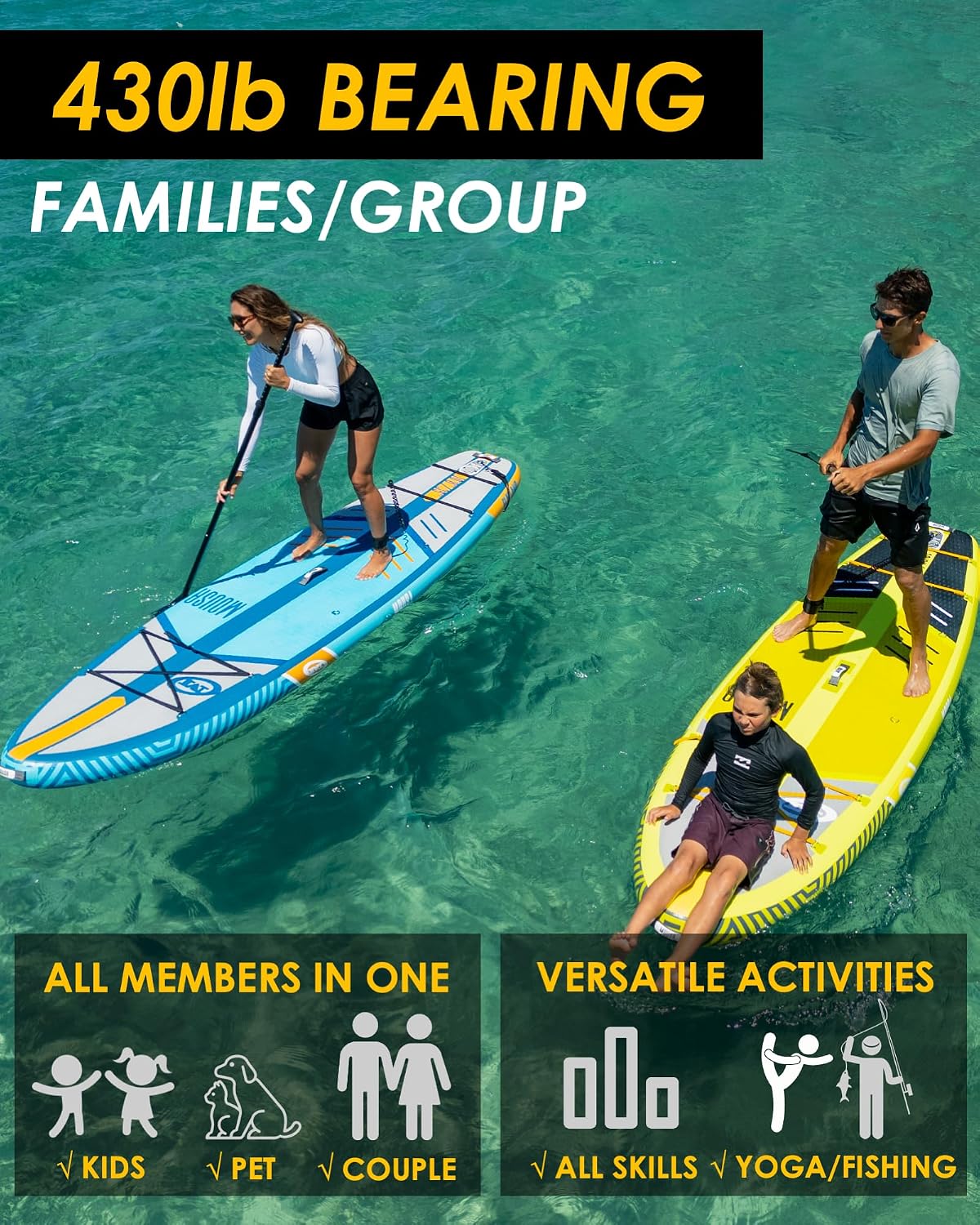 MOUSA 10'8/11'×35' Extra Wide Inflatable Stand Up Paddle Board, Stable Paddleboard SUP for 2 People/Family, Anti-Slip Full EVA Deck, 3 Handles, 100L Backpack, All-Round Sup Board, Big Fin