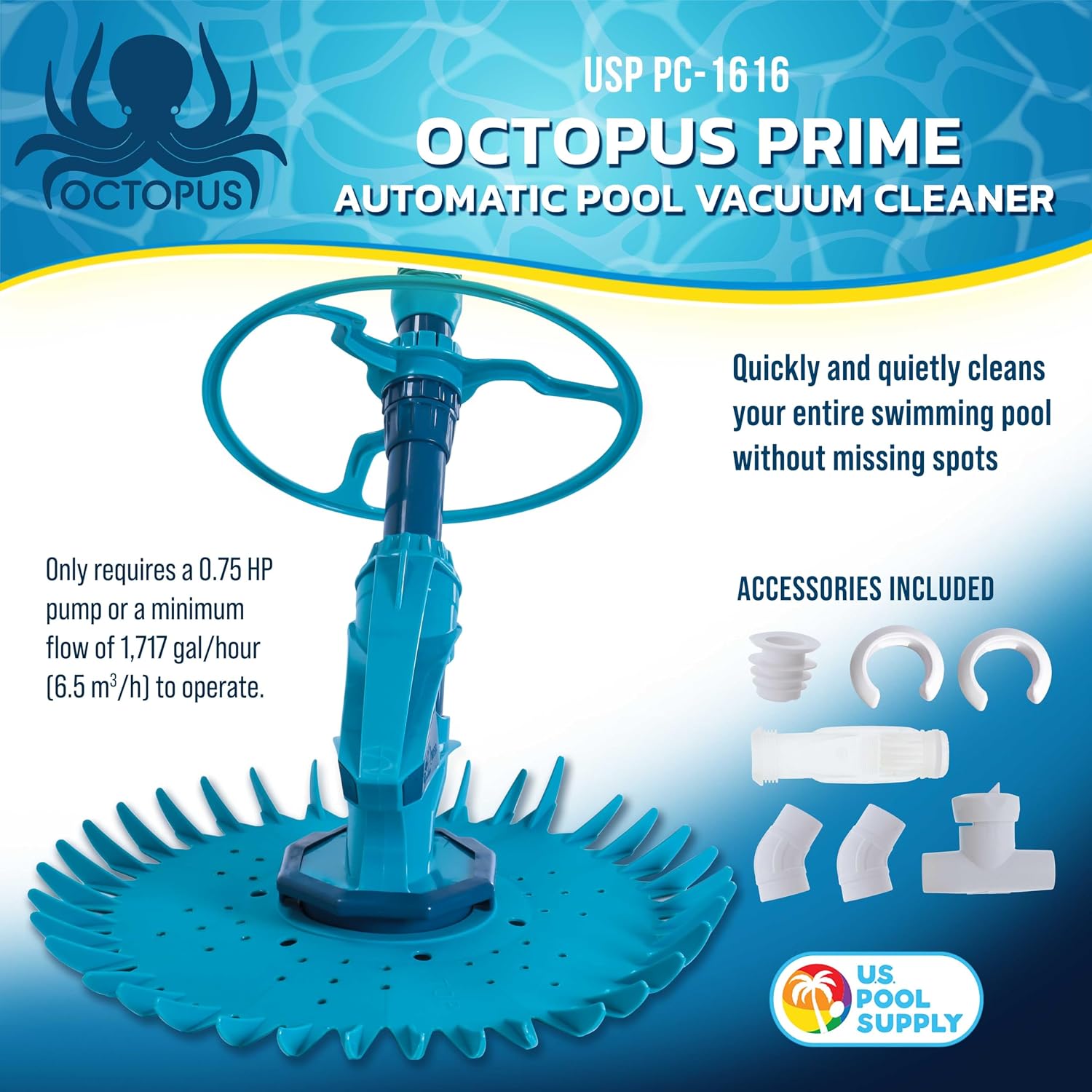 U.S. Pool Supply Octopus Prime Suction Pool Cleaner, Inground Automatic Pool Vacuum Cleaner with Hose - Swimming Sweeper Vac Cleaning Suction-Side Cleaners - Auto Creepy Sweeps Removes Debris, Leaves