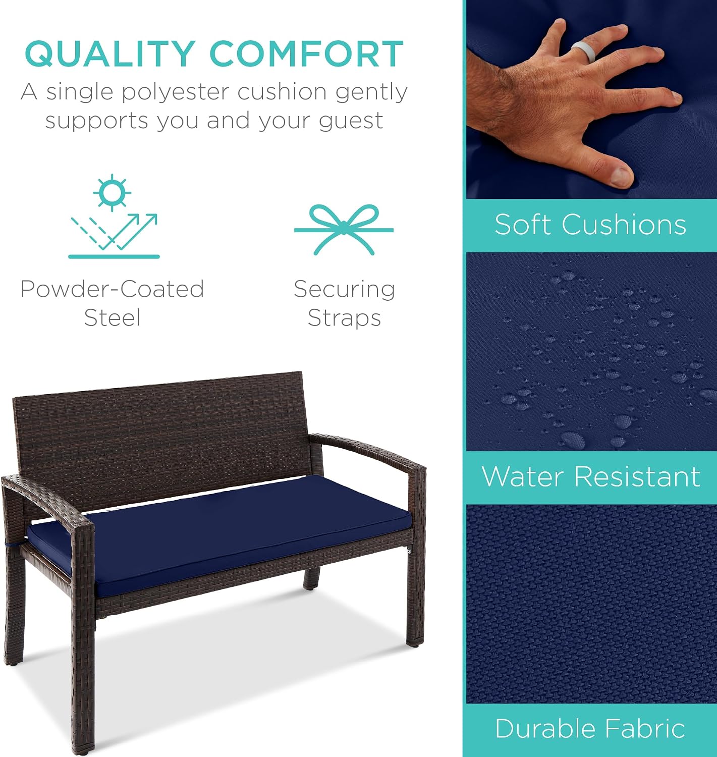 Best Choice Products Outdoor Bench 2-Person Wicker Garden Patio Benches Seating Furniture for Backyard, Porch w/Seat Cushion, 700lb Capacity - Navy/Brown