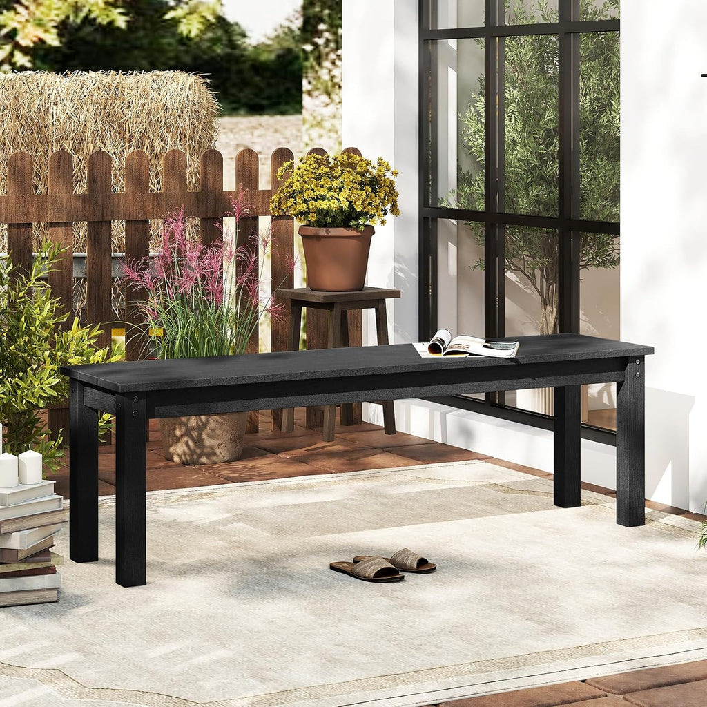 Tangkula HDPE Outdoor Bench, 2-3 Person Patio Bench, 55' Backless Garden Dining Bench with Slatted Seat, Weatherproof Park Bench for Entryway, Porch, Lawn & Backyard (Black,2)