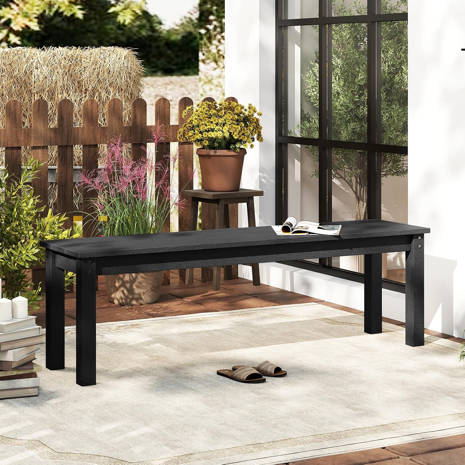 Tangkula HDPE Outdoor Bench, 2-3 Person Patio Bench, 55' Backless Garden Dining Bench with Slatted Seat, Weatherproof Park Bench for Entryway, Porch, Lawn & Backyard (Black,2)